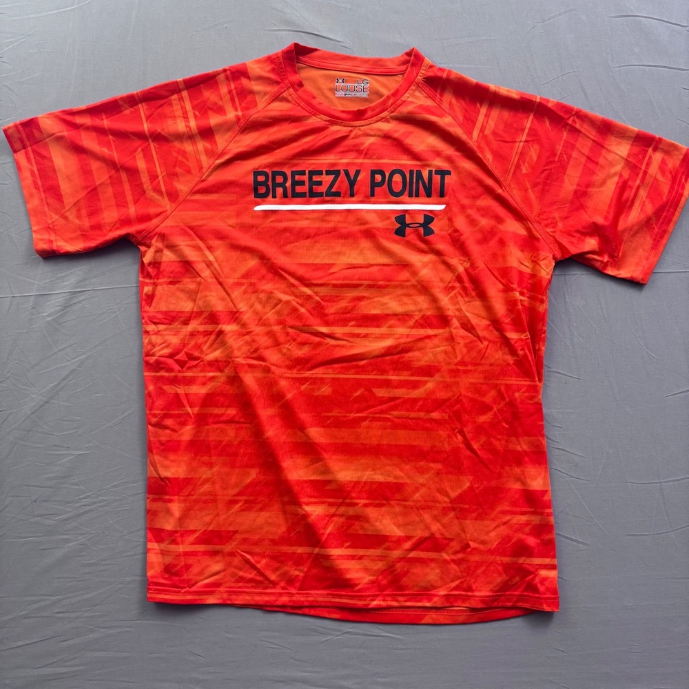 Under Armour Breezy Point HeatGear Shirt Mens L Orange Tonal Stripe Loose Fit
